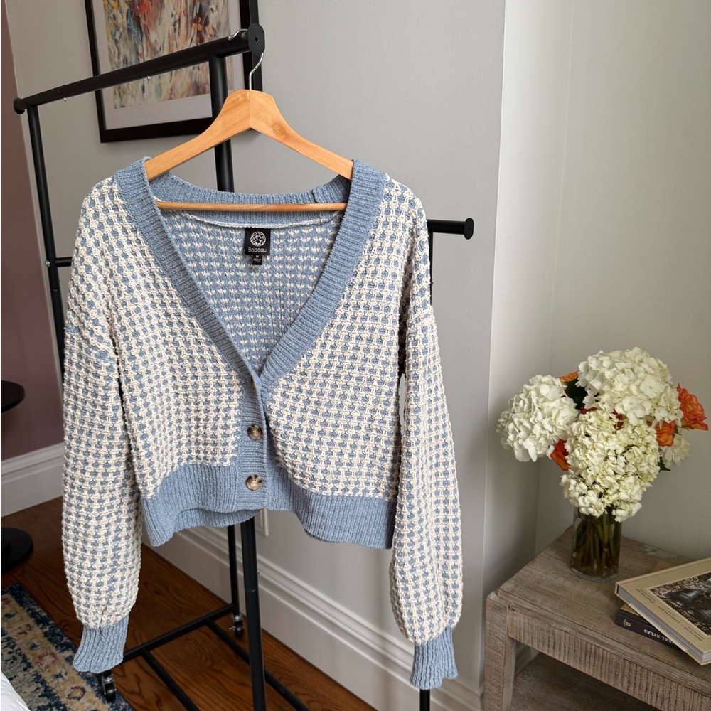 bobeau Blue and Cream Crochet-Pattern V-Neck Button Cardigan